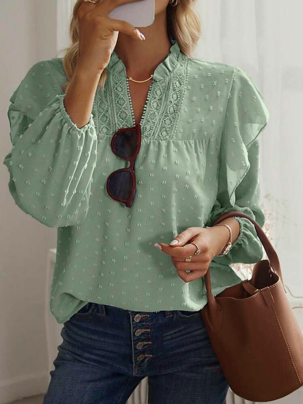 SHEIN Light Mint Green Textured Lace-Trim Tunic